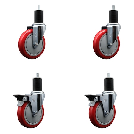 Service Caster 5'' Red Poly Wheel Swivel 1-3/4'' Expanding Stem Caster Set 2 Brakes, 4PK SCC-EX20S514-PPUB-RED-2-PLB-2-134
